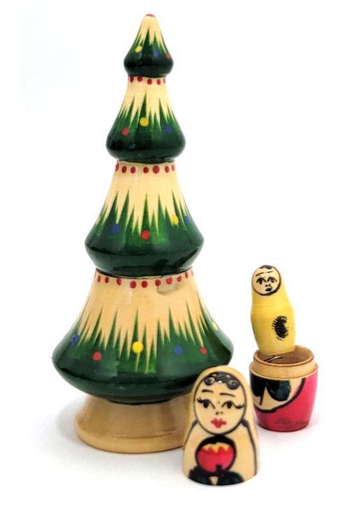 Tree with Polkh Spring Toy. This set came in to us a great many years (35?). Being not sure of its origin, we set it aside, until recently, we found it again. And we're still not sure of it. But, here it is. Probably a one-of-a-kind set. Tree is 5", doll is 1⅜".