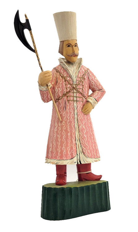 Medieval Bodyguard Rynda (Ринда) was a squire standard-bearer and a loyal personal bodyguard of the Grand Dukes of Moscow and Tsars of the 14th-17th centuries. Only the most handsome young men were chosen for the honor. They were present behind the Tsar or Grand Duke, and accompanied them during public appearances. In the palace hierarchy, the rynda ranked behind boyars, couriers (okolnichy), nobles and Duma clerks. Although impressive, the rynda's function was ceremonial and not as skilled warriors. The position was abolished by Peter I (Great) at the onset of the 18th century.

A rynda's costume and clothing included, in this gentleman's case, a coral ermine fur coat embroidered with silver, sashes with gold and silk multi-color strips and a fur gorlatnaya hat and red morocco boots. Our fellow also carries a majestic poleaxe (секира).