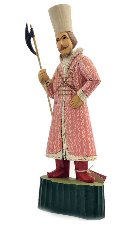 Medieval Bodyguard Rynda (Ринда) was a squire standard-bearer and a loyal personal bodyguard of the Grand Dukes of Moscow and Tsars of the 14th-17th centuries. Only the most handsome young men were chosen for the honor. They were present behind the Tsar or Grand Duke, and accompanied them during public appearances. In the palace hierarchy, the rynda ranked behind boyars, couriers (okolnichy), nobles and Duma clerks. Although impressive, the rynda's function was ceremonial and not as skilled warriors. The position was abolished by Peter I (Great) at the onset of the 18th century.

A rynda's costume and clothing included, in this gentleman's case, a coral ermine fur coat embroidered with silver, sashes with gold and silk multi-color strips and a fur gorlatnaya hat and red morocco boots. Our fellow also carries a majestic poleaxe (секира).