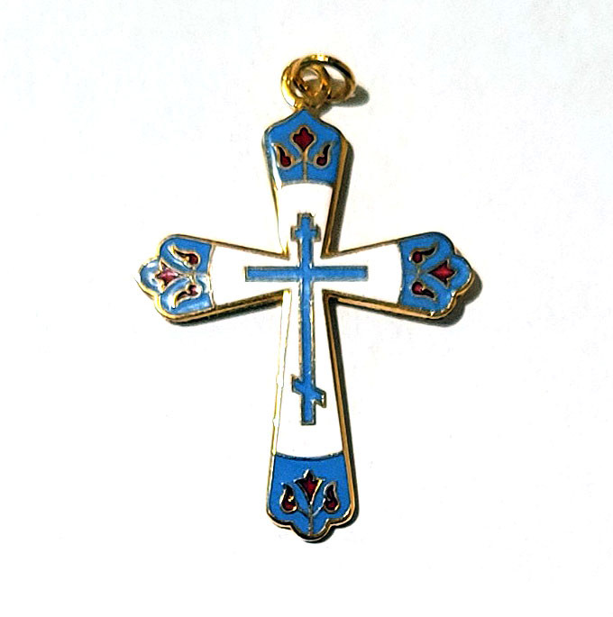 Orthodox Cross (Православный Крест). A beautiful Orthodox cross with floral embellishments and three rich enamel colors: light blue, red, and white. Gold plated over copper. 1½" (38mm). Gift boxed. Comes with a 20" gold plated chain.