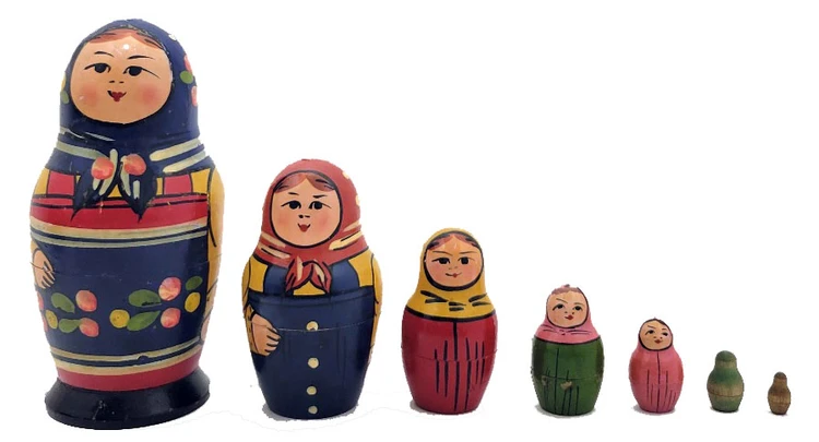 Zagorsk 7-nest Matryoshka [1950s-60s]. One prominent feature of Russian nesting dolls in particular, and Russian applied art, in general, is that folk art, such as this doll, made 65 years ago appears to the observer as if it had been made in even earlier times. This is due to the conditions and skills of production which changed little from the late 19th century up the 1960s and 1970s. Dolls from before the start of the "tourist" era in the USSR - roughly late 1950s - early 1960s - are uncommon. At this time, tourism was on the rise, and with it, the business of making folk art began increasing.