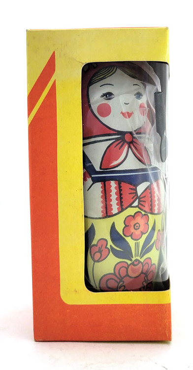 Mechanical Matryoshka (Механическая Матрешка). This entertaining Matryoshka spins one way and then the other, back and forth. Made in the Soviet Union pre-1991 at LZM (Leningradskiy Zavod Metalloizdeliy). NIB (New in Box). With key. Unusual in new condition. 7". Made in USSR
