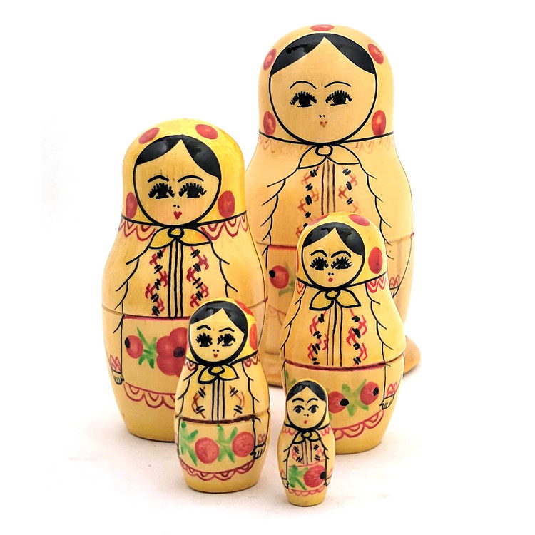 Vintage Matryoshka Matryoshka from Moldova. Made in 1988, when the country was a part of the Soviet Union known as the Moldavian Autonomous Soviet Socialist Republic (МАССР - Молдавская Автономная Советская Социалистическая Республика). Label reads: Министерство лесного хозяйства МАССР (Ministry of Forestry) and Волжский Комбинат (Volzhsky Plant) plus some product information, such as "Matryoshka 5-nest" and the year (1988) of production. Interesting color scheme. Glossy lacquer. 5 nest, 4½" down to 1¼".