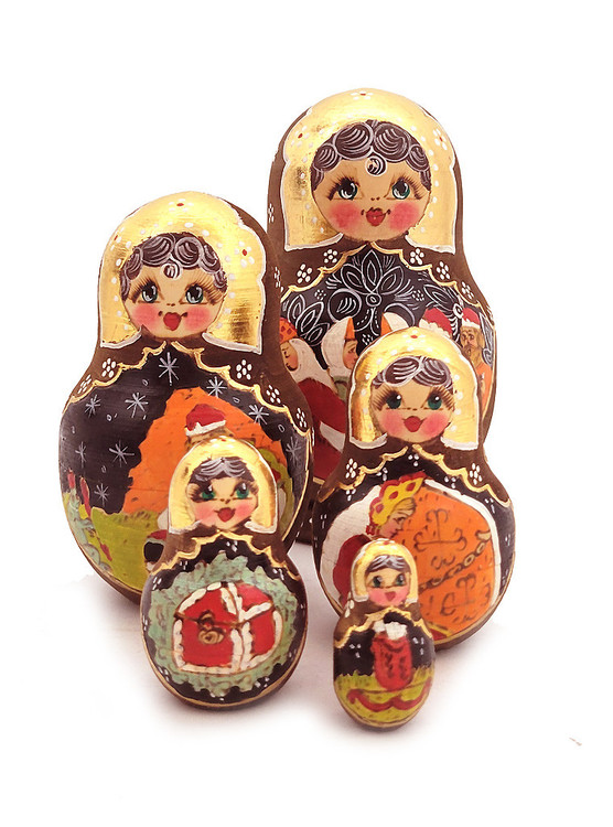 Frog Princess (Царевна-лягушка). In this classic fairy tale, the Tsar wants his three sons to marry. To accomplish this, he creates a task to help them find brides. He tells each prince to shoot an arrow in a different direction. According to the Tsar's ruling, each prince will find his bride in the location that the arrow lands. The youngest son's arrow lands in a pond, where he finds his future bride, disguised in the form of a frog. The king assigns his three prospective daughters-in-law various tasks, such as spinning cloth and baking bread. The young prince is ashamed of his frog bride until she is magically transformed into Vasilisa the Wise, a beautiful, intelligent, friendly, and skilled enchanted princess.

Painting, woodburning, "potal" ("поталь"), which is a form of gold foil decoration that imitates gilding, lacquer. Made in Sergiev Posad  about 20-25 years ago. Bottom displays "5м" (abbreviation for "5 pieces") and the artist's cipher. Fine condition with some vestigial sticky paper label remnant on the bottom. 5" to 1⅝".