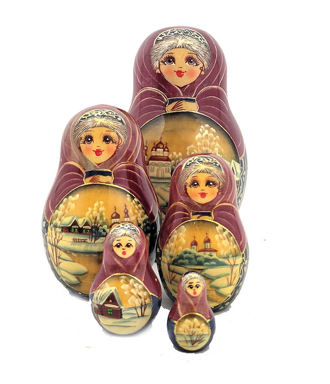 Winter Idyll (Зимняя идиллия). Winter scenes and churches are favorite topics of Russian nesting doll artists, and this one is not lacking in either.  The use of gold applique for enhancements date this one to mid-2010s. Also, there appears to be some faint writing on the bottom of the first doll, which seems to have been washed away. Usually, nesting dolls of this calibre are signed and dated. (Oh, well, it is what it is.) Overall an elegant and tastefully painted doll with expressive faces. 5 nest, 5" down to 1¼".
