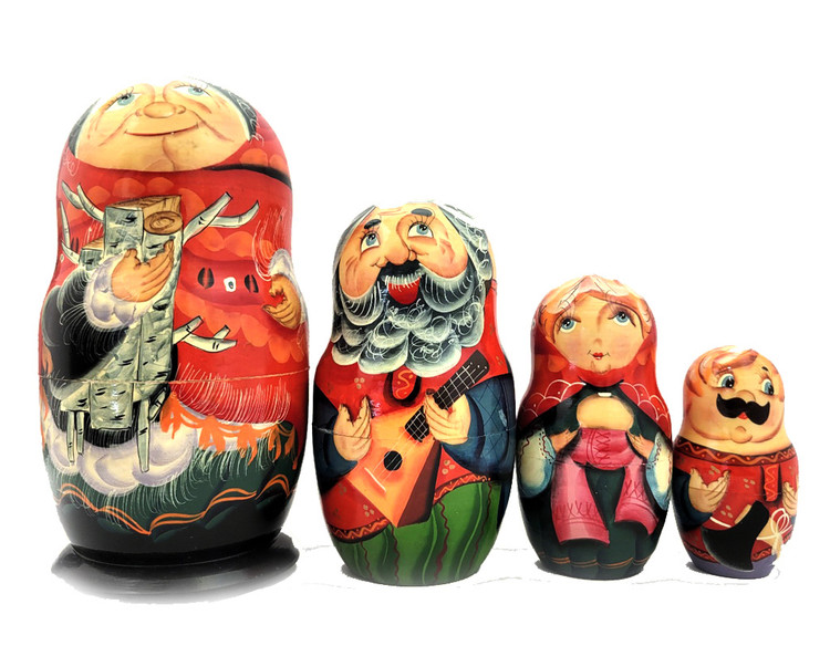 Extended Russian Farmhouse Family.  A finely painted artistic doll that features three generations of a simple family that lives on a farm in a village. Farm themes have always been popular in matryoshka production as the farm represents an idyllic and genuinely practical state of affairs in Russia, yesterday and today. The rural experience is universal, and while romanticized, it also reveals that which is mostly lost. This enjoyable set, that even manages to sneak a birch limb on the first doll, is from Zagorsk. 10 nest, 8"x 1".