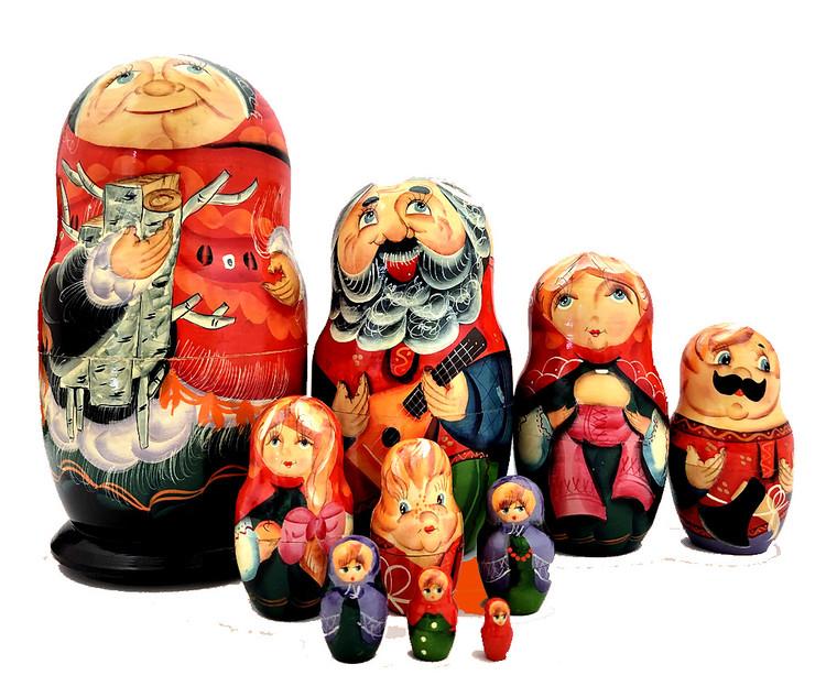 Extended Russian Farmhouse Family.  A finely painted artistic doll that features three generations of a simple family that lives on a farm in a village. Farm themes have always been popular in matryoshka production as the farm represents an idyllic and genuinely practical state of affairs in Russia, yesterday and today. The rural experience is universal, and while romanticized, it also reveals that which is mostly lost. This enjoyable set, that even manages to sneak a birch limb on the first doll, is from Zagorsk. 10 nest, 8"x 1".