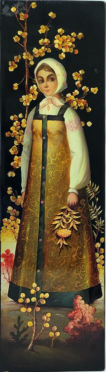 Autumn (Осень). Panel painting by Leonid Nikolaevich Ilyin (Леонид Николаевич Ильин). Leonid Nikolaevich (1928-?) is a lacquer miniature artist, and the grandson of the Russian artist I. A. Shavrin. Leonid Nikolaevich has been working in Fedoskino since 1946. The famous Russian lacquer miniaturist M. Chizhov mentioned him in his book Among miniaturists. Notes of Fedoskino masters, Artist of USSR, 1982, Leningrad (page 220, 249). Oil painting on papier-mache. Approximately 16¼"x 4⅝". Weighs 1½ pounds. Materials used are oils paints, papier-mache, metallic powders, and lacquer. Dated 1978, signed by Ilyin and noted by him: "индивидуальное исполнение" (custom execution).