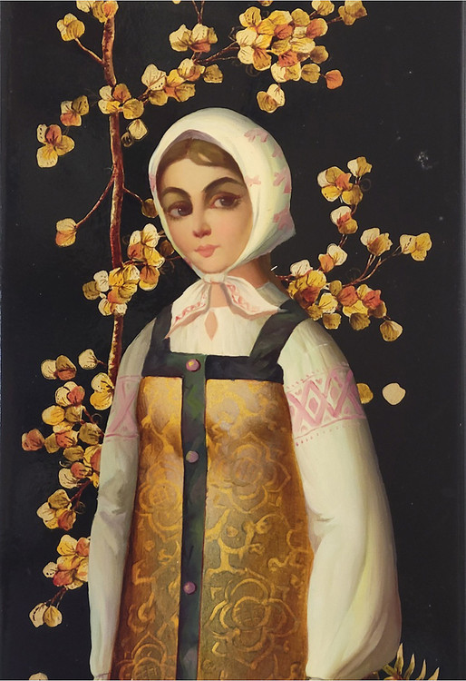 Autumn (Осень). Panel painting by Leonid Nikolaevich Ilyin (Леонид Николаевич Ильин). Leonid Nikolaevich (1928-?) is a lacquer miniature artist, and the grandson of the Russian artist I. A. Shavrin. Leonid Nikolaevich has been working in Fedoskino since 1946. The famous Russian lacquer miniaturist M. Chizhov mentioned him in his book Among miniaturists. Notes of Fedoskino masters, Artist of USSR, 1982, Leningrad (page 220, 249). Oil painting on papier-mache. Approximately 16¼"x 4⅝". Weighs 1½ pounds. Materials used are oils paints, papier-mache, metallic powders, and lacquer. Dated 1978, signed by Ilyin and noted by him: "индивидуальное исполнение" (custom execution).
