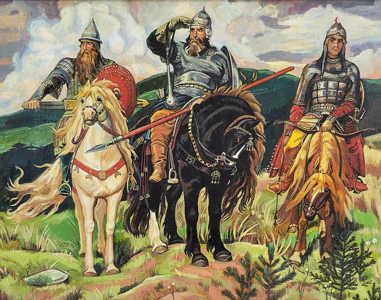The Bogatyrs (Богатыри). Also known as "The Three Bogatyrs", the original painting by Viktor Vasnetsov (1848-1926) is arguably one of Russia's most famous paintings. It is currently housed in the State Tretyakov Gallery in Moscow. Vasnetsov began work on the painting in 1881, and completed it 1898. It depicts several mythical Russian medieval knights, including Ilya Muromets (Илья Муромец) in the center, Alyosha Popovich (Алеша Попович), and Dobrynya Nikitich (Добрыня Никитич). These legendary, but fictional, heroic men are based on historical figures from the era of Kievan Rus (882-1240) who were cast into impossible roles in folk tales and epic narrative poems known as bylinas (былины). This handsome replica was accurately and skillfully painted in Russia about 30-35 years ago by acclaimed artist Igor V. Shepel. It is mounted into an Italian gold leaf frame. Painting is about 12" x 18", and, in the frame, about 22" x 16". Weight is about 3 pounds.