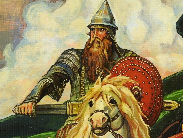 The Bogatyrs (Богатыри). Also known as "The Three Bogatyrs", the original painting by Viktor Vasnetsov (1848-1926) is arguably one of Russia's most famous paintings. It is currently housed in the State Tretyakov Gallery in Moscow. Vasnetsov began work on the painting in 1881, and completed it 1898. It depicts several mythical Russian medieval knights, including Ilya Muromets (Илья Муромец) in the center, Alyosha Popovich (Алеша Попович), and Dobrynya Nikitich (Добрыня Никитич). These legendary, but fictional, heroic men are based on historical figures from the era of Kievan Rus (882-1240) who were cast into impossible roles in folk tales and epic narrative poems known as bylinas (былины). This handsome replica was accurately and skillfully painted in Russia about 30-35 years ago by acclaimed artist Igor V. Shepel. It is mounted into an Italian gold leaf frame. Painting is about 12" x 18", and, in the frame, about 22" x 16". Weight is about 3 pounds.