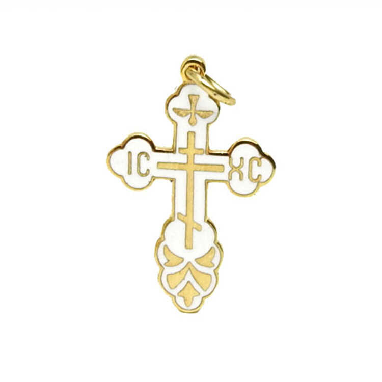 Orthodox Cross (Православный Крест). White enamel with gold plated enhancements. Inscriptions on the arms of the cross: "IC" and "XC" together with a dove descending representing the Holy Spirit. A short prayer (in Russian) on the back: "Спаси и Сохрани" ("Save and Protect"). 1" (25mm).  Comes with 18" gold plated chain