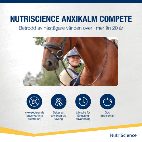 AnxiKalm Compete – betrodd av hästägare världen över i över 20 år. Bild med ryttare och brun häst samt ikoner som visar att produkten är icke-sederande, säker vid tävling, lämpad för långvarig användning och har god äppelsmak.