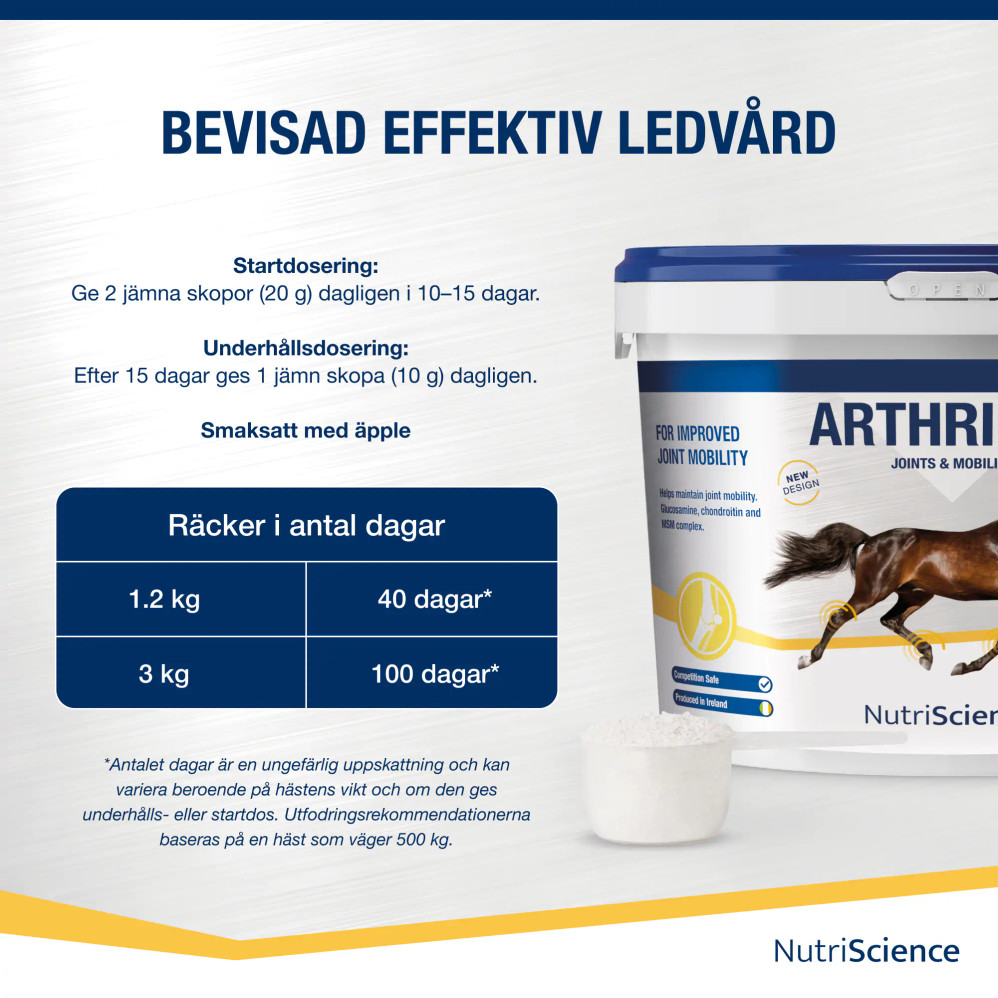 Utfodringsrekommendation för Arthri Aid. Information om start- och underhållsdosering, hållbarhet i antal dagar för 1,2 kg och 3 kg, samt att produkten är med äppelsmak och ges dagligen för ledhälsa hos häst.