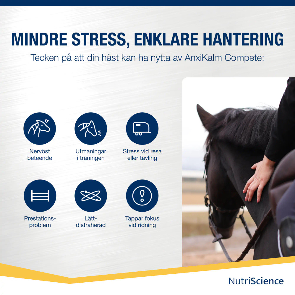 AnxiKalm Compete – stöd vid stressrelaterade beteenden hos häst. Bild med ryttare och svart häst samt ikoner som visar tecken där tillskottet kan hjälpa: nervositet, utmaningar i träning, stress vid resa eller tävling, prestationsproblem, distraktion och tappat fokus.