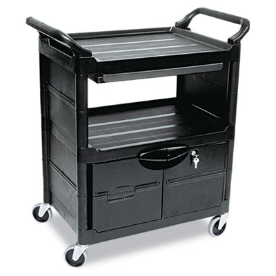 Rubbermaid Commercial Utility Cart With Locking Doors  Two-Shelf  33 63w x 18 63d x 37 75h  Black (RCP 3457 BLA)