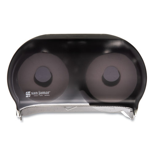 San Jamar VersaTwin Tissue Dispenser  8 x 5 3 4 x 12 3 4  Transparent Black Pearl (SAN R3600TBK)
