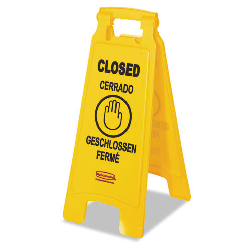 Rubbermaid Commercial Multilingual  Closed  Sign  2-Sided  Plastic  11w x 12d x 25h  Yellow (RCP 6112-78 YEL)
