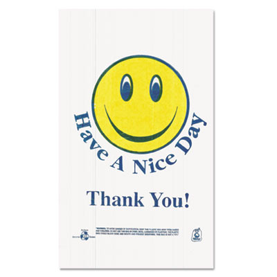 Barnes Paper Company Smiley Face Shopping Bags  12 5 microns  11 5  x 21   White  900 Carton (BPC T1/6SMILEY)