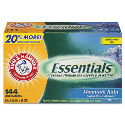 Arm & Hammer Essentials Dryer Sheets  Mountain Rain  144 Sheets Box  6 Boxes Carton (CDC 33200-14995)