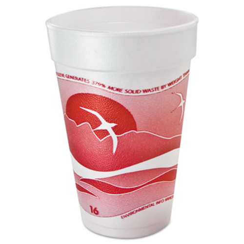 Dart Horizon Foam Cup  Hot Cold  16oz   Printed  Cranberry White  25 Bag  40 CT (DCC 16J16H)