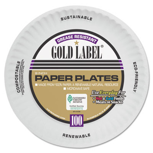 AJM Packaging Corporation Coated Paper Plates  9 Inches  White  Round  100 Pack (AJMCP9GOAWH)