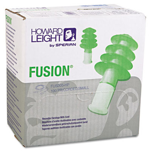 Howard Leight by Honeywell FUS30S-HP Fusion Multiple-Use Earplugs  Small  27NRR  Corded  GN WE  100 Pairs (HOW FUS30SHP)