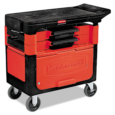 Rubbermaid Commercial Locking Trades Cart  330-lb Capacity  Two-Shelf  19 25w x 38d x 33 38h  Black (RCP 6180-88 BLA)