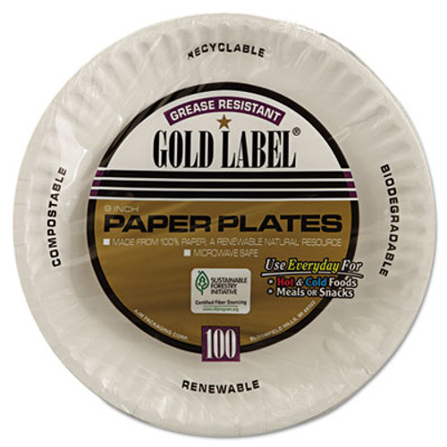 AJM Packaging Green Label Paper Plates, 9 , White, 100 Plates per Pack