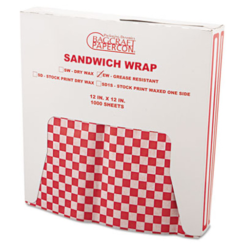 Bagcraft Grease-Resistant Paper Wraps and Liners  12 x 12  Red Check  1000 Box  5 Boxes Carton (BGC 057700)