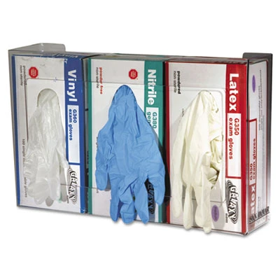 San Jamar Clear Plexiglas Disposable Glove Dispenser  Three-Box  18w x 3 3 4d x 10h (SAN G0805)