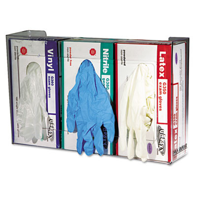 San Jamar Clear Plexiglas Disposable Glove Dispenser  Three-Box  18w x 3 3 4d x 10h (SAN G0805)