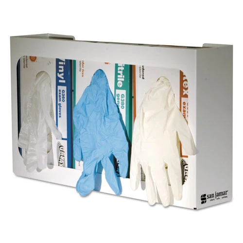 San Jamar White Enamel Disposable Glove Dispenser  Three-Box  18w x 3 3 4d x 10h (SAN G0804)