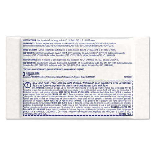 Spic and Span Bleach Floor Cleaner Packets  2 2oz Packets  45 Carton (PGC 02010)