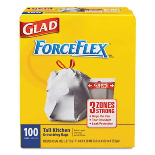 Glad ForceFlexPlus Tall Kitchen Drawstring Trash Bags  13 gal  0 72 mil  23 75  x 24 88   White  100 Box (CLO 70427)