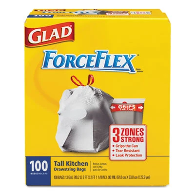 Glad ForceFlexPlus Tall Kitchen Drawstring Trash Bags  13 gal  0 72 mil  23 75  x 24 88   White  100 Box (CLO 70427)