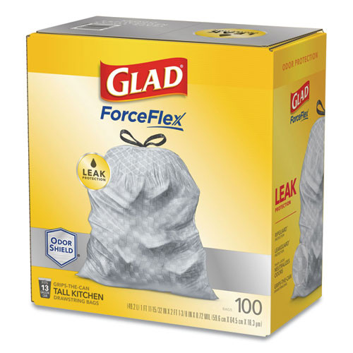 Glad Forceflexplus Tall Kitchen Drawstring Trash Bags, 13 Gal, 0.72 Mil,  23.75 X 24.88, White, 100/Box - CLO70427