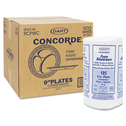 Dart Concorde Foam Plate  3-Comp  9  dia  White  125 Pack  4 Packs Carton (DCC 9CPWCR)
