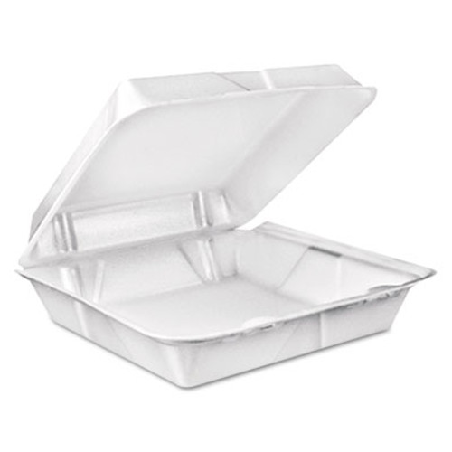 Dart Foam Hinged Lid Containers  9 375 x 9 375 x 3  White  200 Carton (DCC 90HT1R)