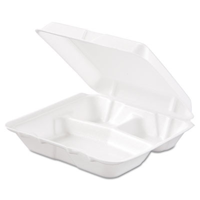Dart Carryout Food Container  Foam  3-Comp  White  8 x 7 1 2 x 2 3 10  200 Carton (DCC 80HT3R)