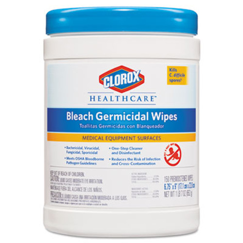 Clorox Healthcare Bleach Germicidal Wipes  6 x 5  Unscented  150 Canister (CLO30577)