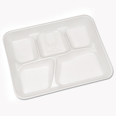 Pactiv Lightweight Foam School Trays  5-Compartment  8 25 x 10 5 x 1   White  500 Carton (PAC YTH10500SGBX)
