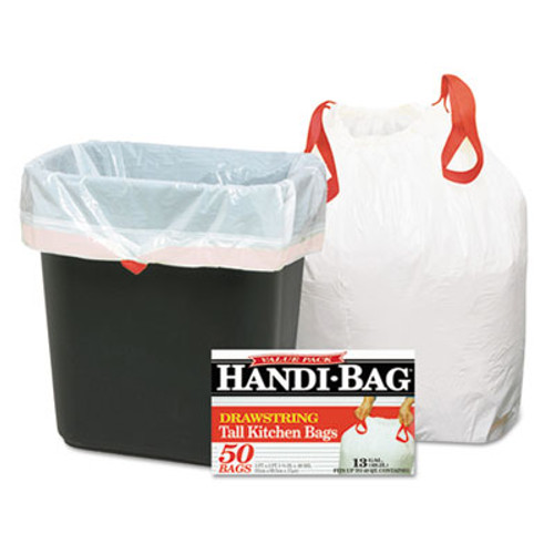 Handi-Bag Drawstring Kitchen Bags  13 gal  0 6 mil  24  x 27 38   White  50 Box (WEB HAB6DK50)
