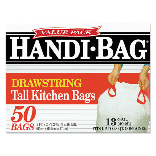 Handi-Bag Drawstring Kitchen Bags  13 gal  0 6 mil  24  x 27 38   White  50 Box (WEB HAB6DK50)