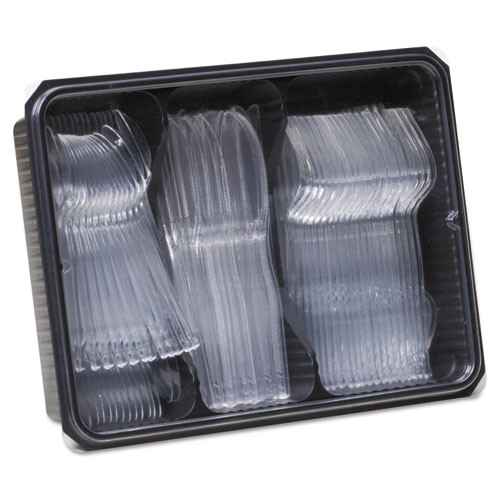 Dixie Cutlery Keeper Tray with Clear Plastic Utensils  600 Forks  600 Knives  600 Spoons (DXECH0180DX7CT)
