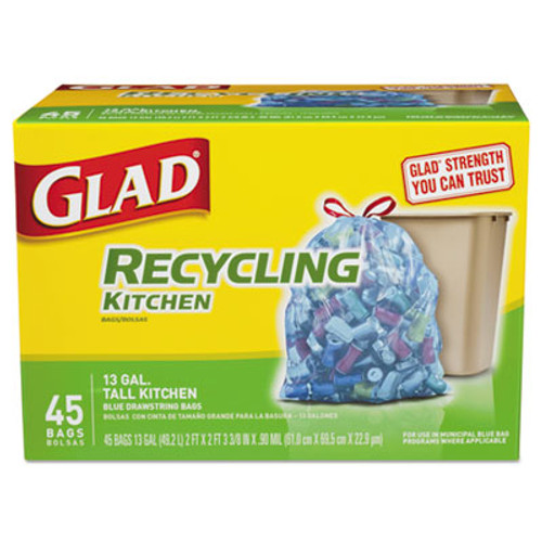 Glad Tall Kitchen Blue Recycling Bags  13 gal  0 9 mil  Blue  180 Carton (CLO78542)
