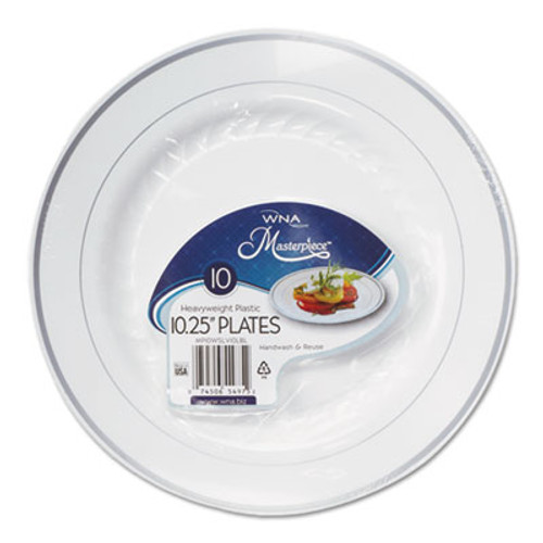WNA Masterpiece Plastic Plates  10 25 in  White w Silver Accents  Round  120 Carton (WNARSM101210WS)