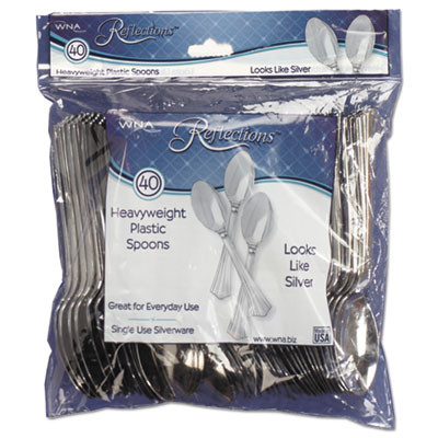 WNA Reflections Heavyweight Plastic Utensils  Spoon  Silver  6 25   40 Pack  8 Packs Carton (WNAREF320SP)