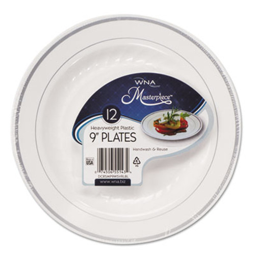 WNA Masterpiece Plastic Plates  9 in  White w Silver Accents  Round  120 Carton (WNARSM91210WS)