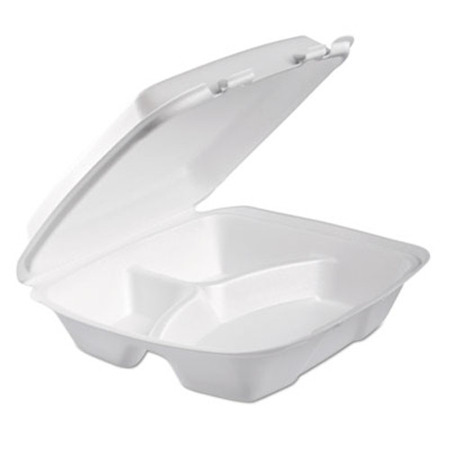 Dart Foam Hinged Lid Container  3-Comp  9 x 9 2 5 x 3  White  100 Bag  2 Bag Carton (DCC90HTPF3R)